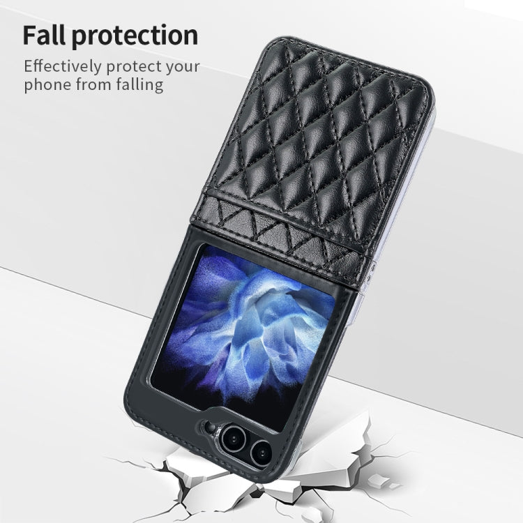 For Samsung Galaxy Z Flip5 VIETAO Rhombic Texture PU Card Slot Phone Case with Lanyard(Black)
