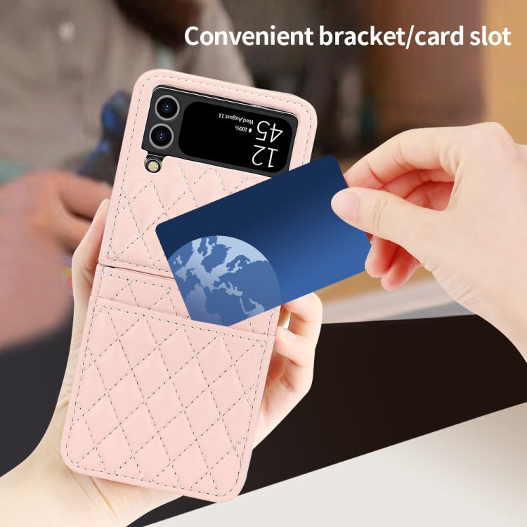 For Samsung Galaxy Z Flip4 VIETAO Rhombic Texture PU Card Slot Phone Case with Lanyard(Pink)