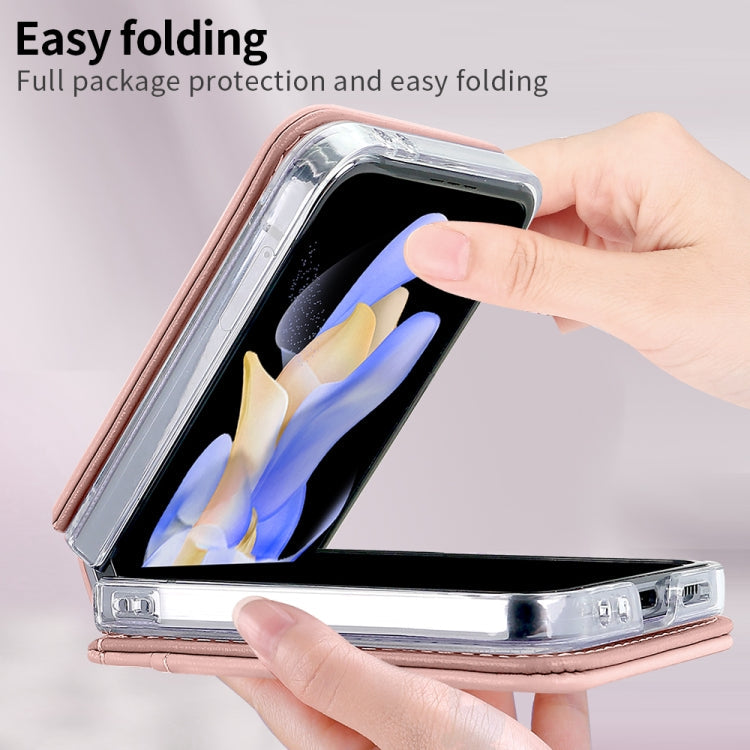 For Samsung Galaxy Z Flip4 VIETAO Rhombic Texture PU Card Slot Phone Case with Lanyard(Pink)