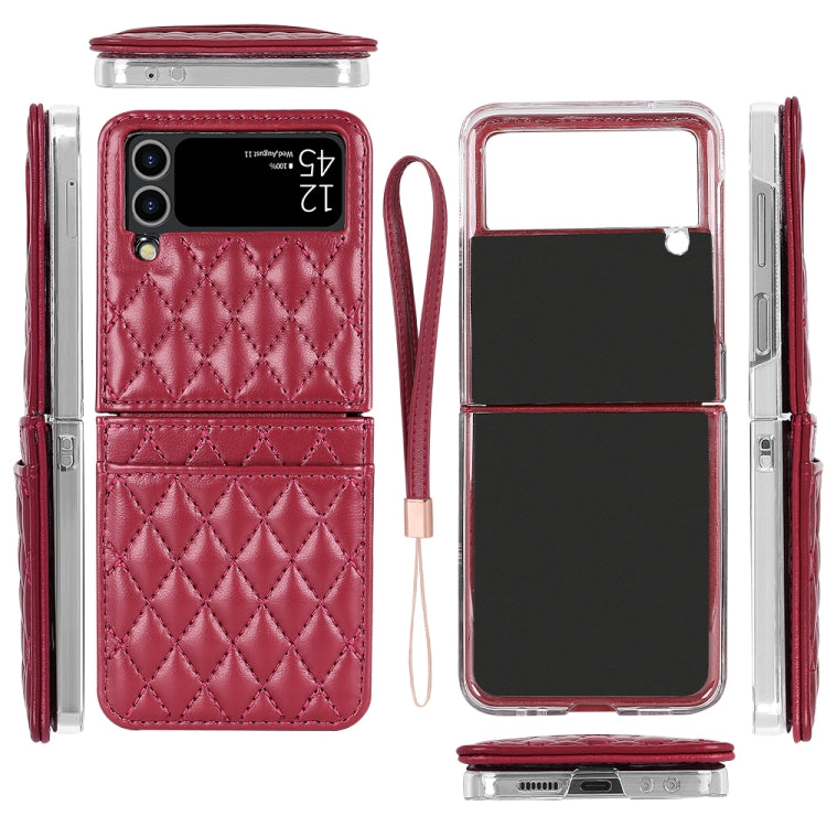 For Samsung Galaxy Z Flip4 VIETAO Rhombic Texture PU Card Slot Phone Case with Lanyard(Red)