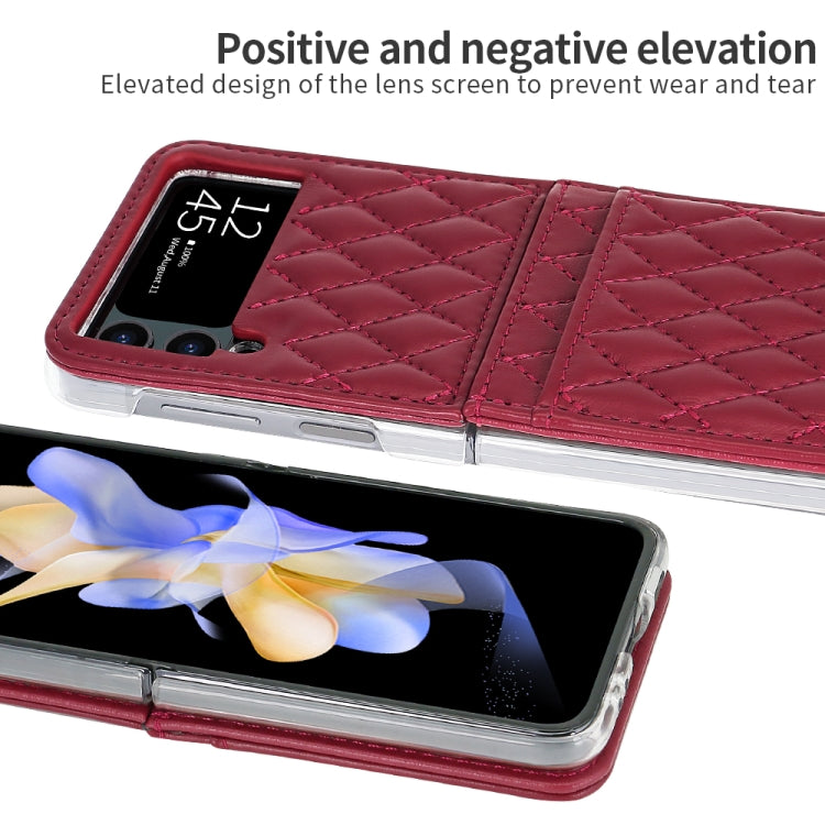 For Samsung Galaxy Z Flip4 VIETAO Rhombic Texture PU Card Slot Phone Case with Lanyard(Red)