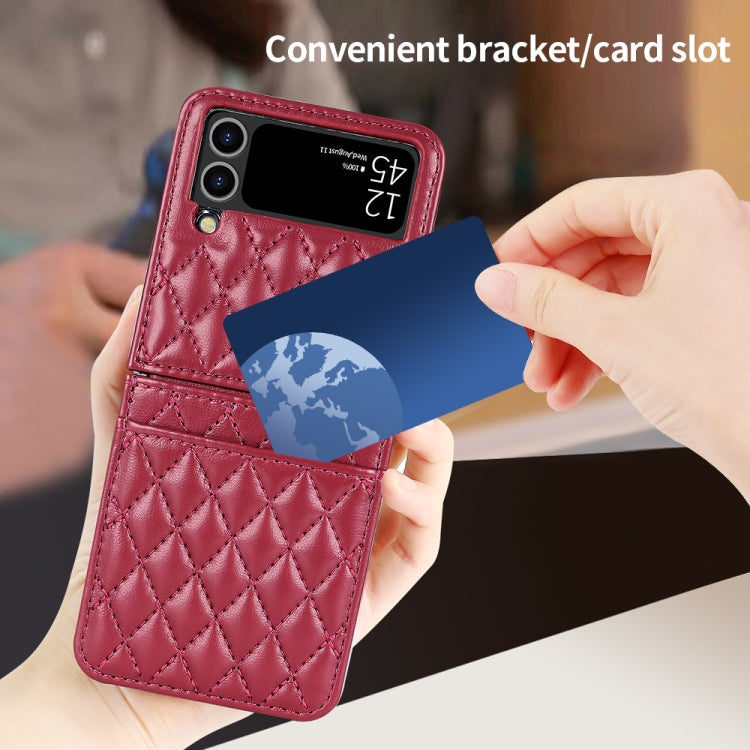 For Samsung Galaxy Z Flip4 VIETAO Rhombic Texture PU Card Slot Phone Case with Lanyard(Red)
