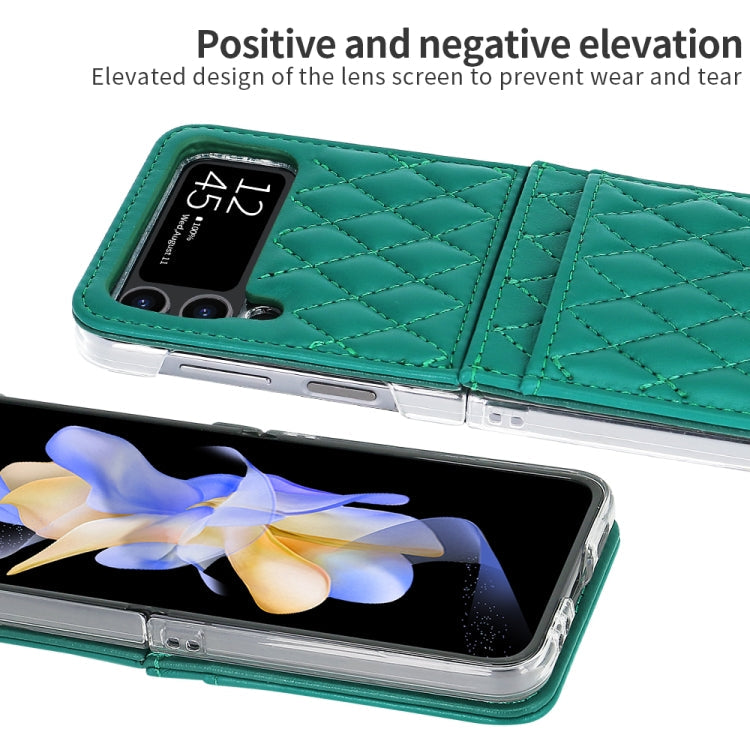 For Samsung Galaxy Z Flip4 VIETAO Rhombic Texture PU Card Slot Phone Case with Lanyard(Green)