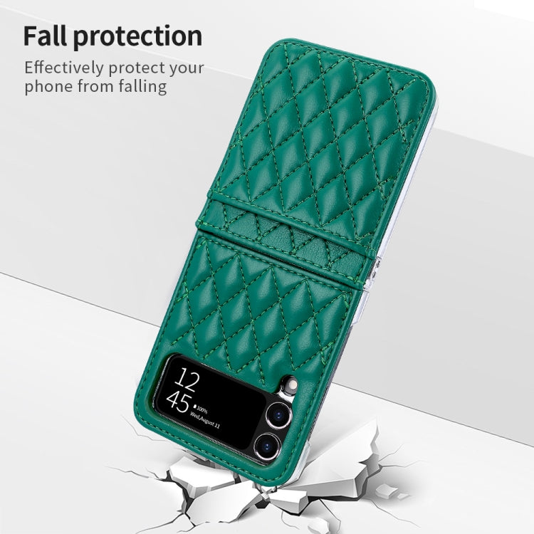 For Samsung Galaxy Z Flip4 VIETAO Rhombic Texture PU Card Slot Phone Case with Lanyard(Green)
