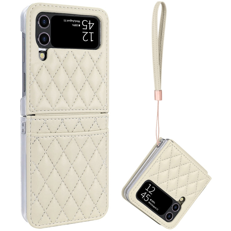 For Samsung Galaxy Z Flip4 VIETAO Rhombic Texture PU Card Slot Phone Case with Lanyard(Beige)
