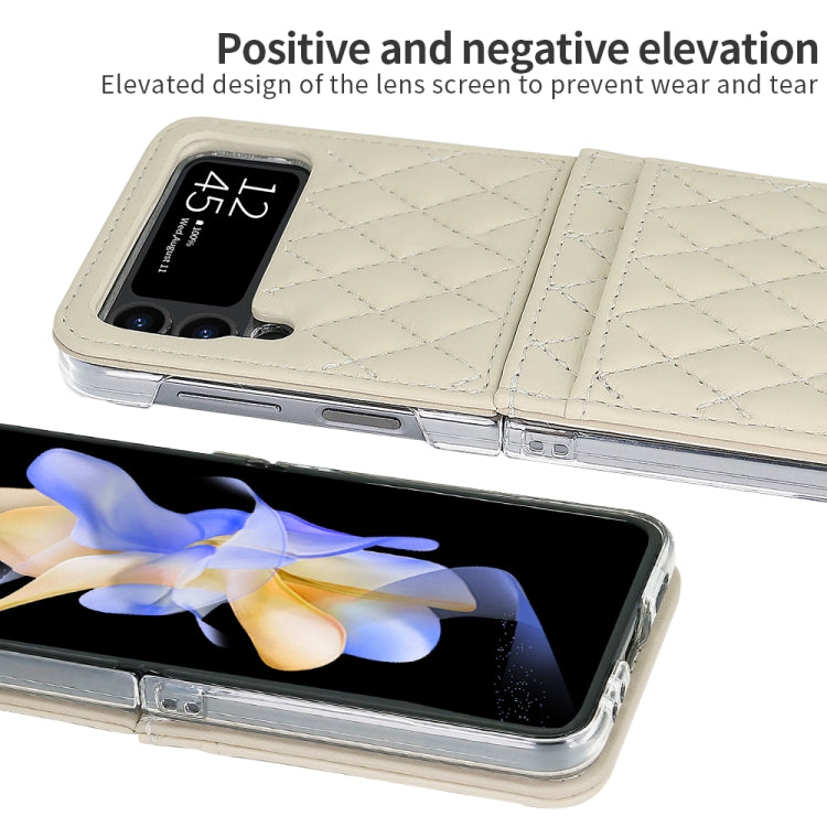 For Samsung Galaxy Z Flip4 VIETAO Rhombic Texture PU Card Slot Phone Case with Lanyard(Beige)