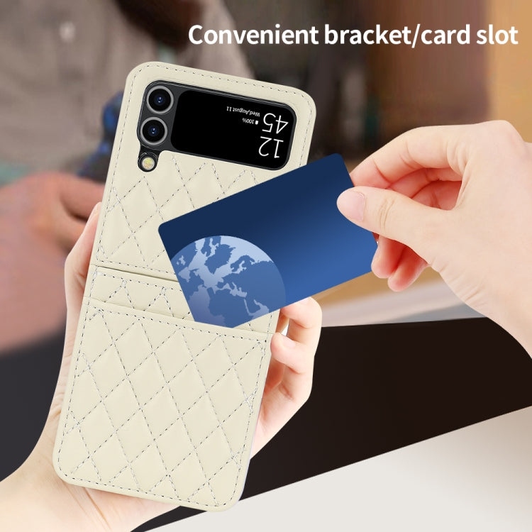 For Samsung Galaxy Z Flip4 VIETAO Rhombic Texture PU Card Slot Phone Case with Lanyard(Beige)
