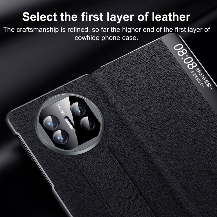 For Huawei Mate X5 / X3 SULADA Smart Series Wristband Holder Smart View Window Genuine Leather Phone Case(Black)