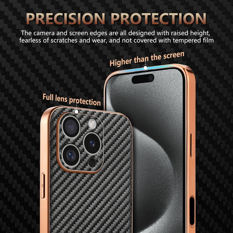For iPhone 16 Pro Max AZNS Electroplated Edge Carbon Fiber Texture Phone Case(Brown)