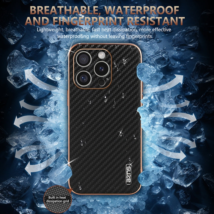For iPhone 16 Pro Max AZNS Electroplated Edge Carbon Fiber Texture Phone Case(Brown)