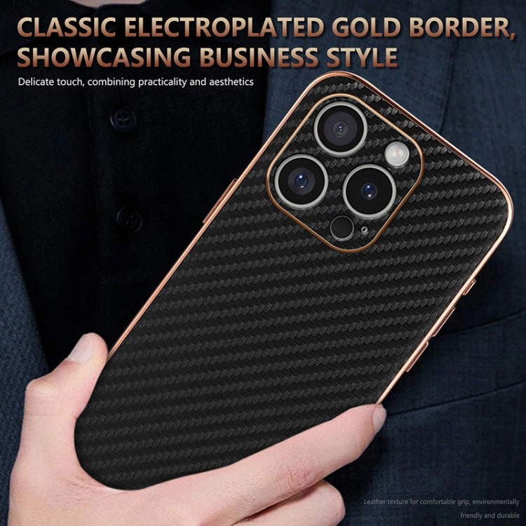 For iPhone 16 Pro Max AZNS Electroplated Edge Carbon Fiber Texture Phone Case(Brown)