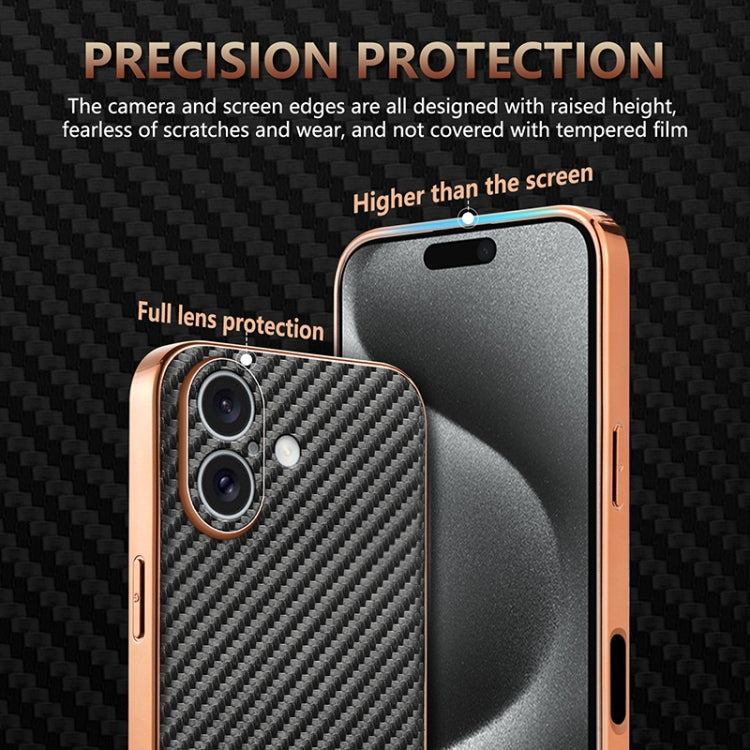 For iPhone 16 Plus AZNS Electroplated Edge Carbon Fiber Texture Phone Case(Black)