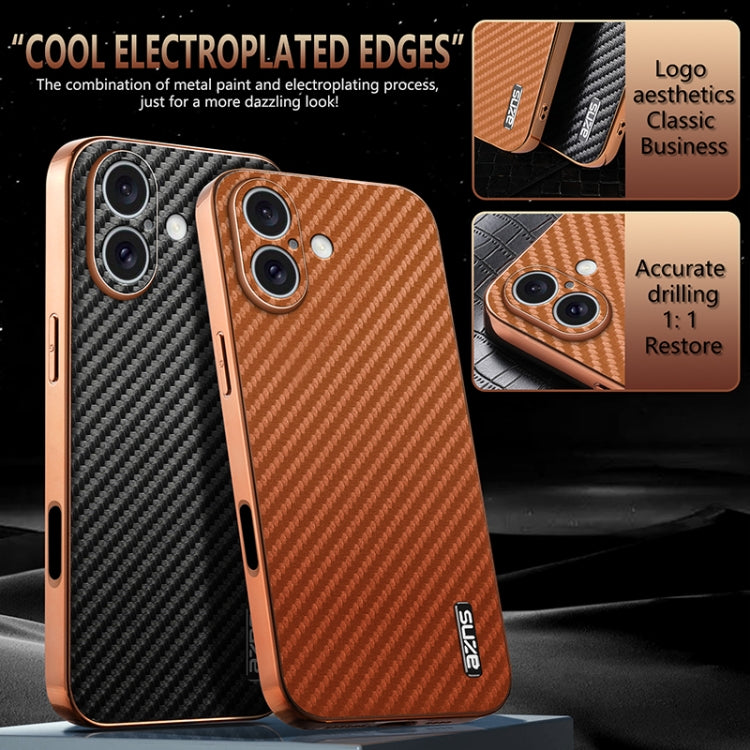 For iPhone 16 AZNS Electroplated Edge Carbon Fiber Texture Phone Case(Black)
