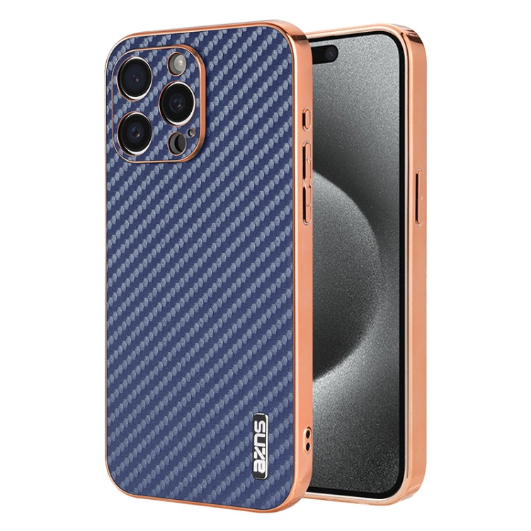 For iPhone 15 Pro Max AZNS Electroplated Edge Carbon Fiber Texture Phone Case(Blue)