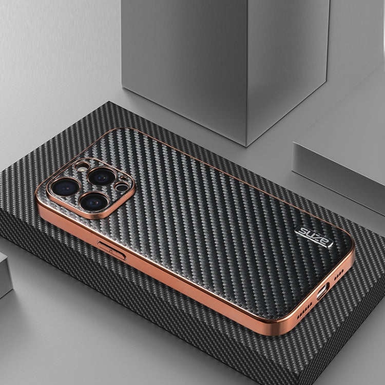For iPhone 15 Pro AZNS Electroplated Edge Carbon Fiber Texture Phone Case(Black)
