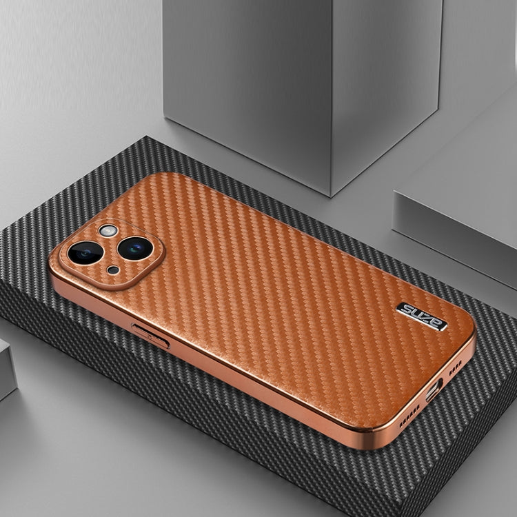 For iPhone 15 AZNS Electroplated Edge Carbon Fiber Texture Phone Case(Brown)