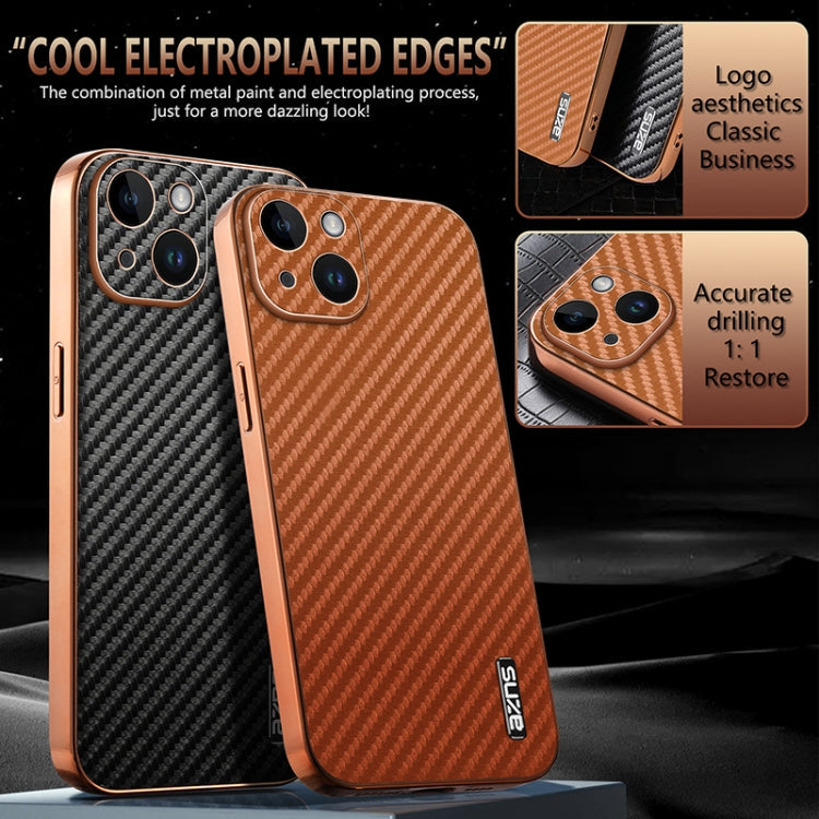 For iPhone 15 AZNS Electroplated Edge Carbon Fiber Texture Phone Case(Brown)