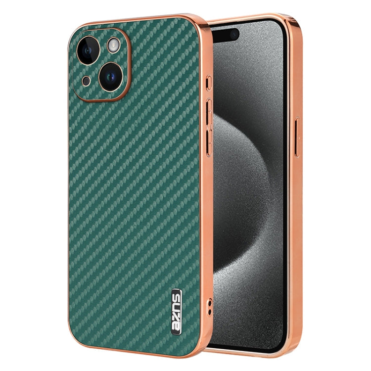 For iPhone 15 AZNS Electroplated Edge Carbon Fiber Texture Phone Case(Green)
