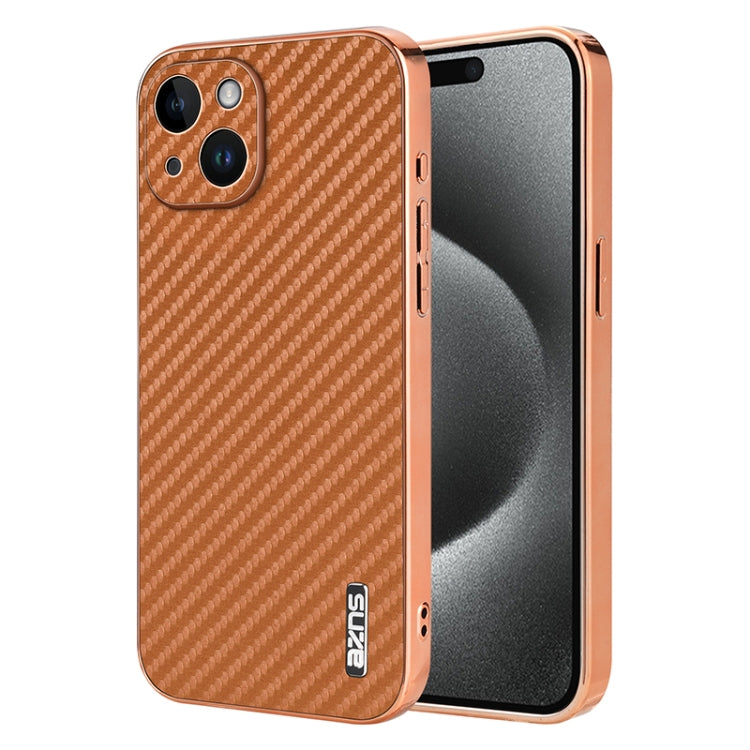For iPhone 14 Plus AZNS Electroplated Edge Carbon Fiber Texture Phone Case(Brown)