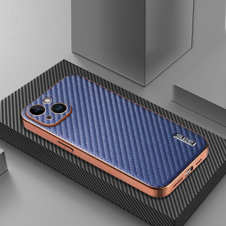 For iPhone 14 Plus AZNS Electroplated Edge Carbon Fiber Texture Phone Case(Blue)