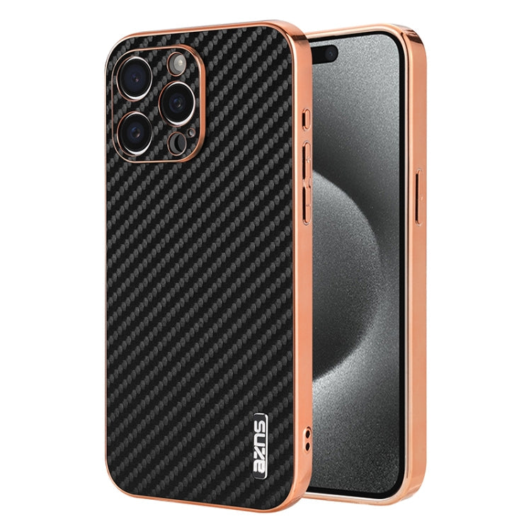 For iPhone 14 Pro AZNS Electroplated Edge Carbon Fiber Texture Phone Case(Black)