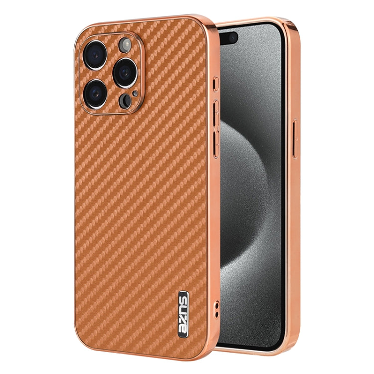 For iPhone 14 Pro AZNS Electroplated Edge Carbon Fiber Texture Phone Case(Brown)