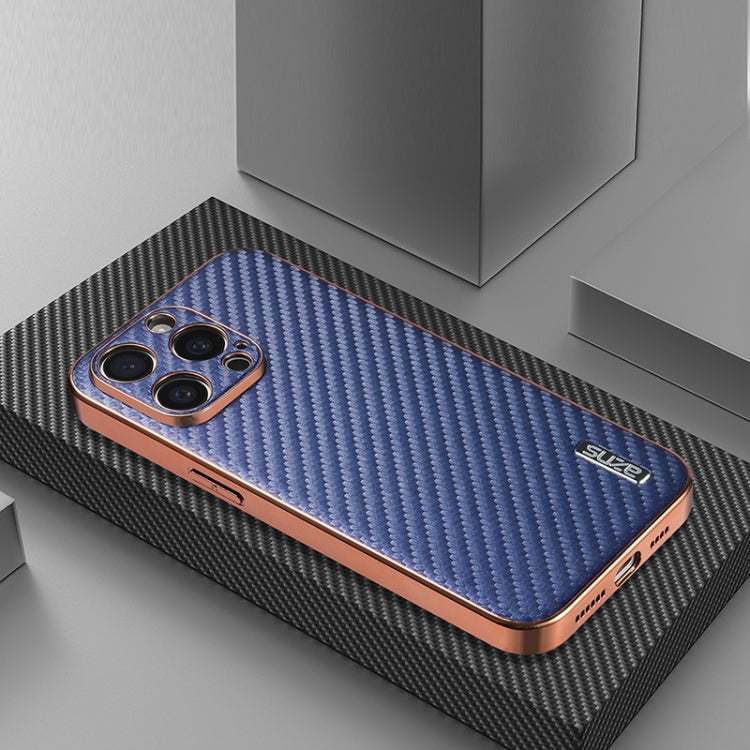 For iPhone 14 Pro AZNS Electroplated Edge Carbon Fiber Texture Phone Case(Blue)