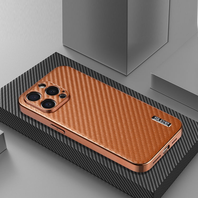For iPhone 14 Pro Max AZNS Electroplated Edge Carbon Fiber Texture Phone Case(Brown)