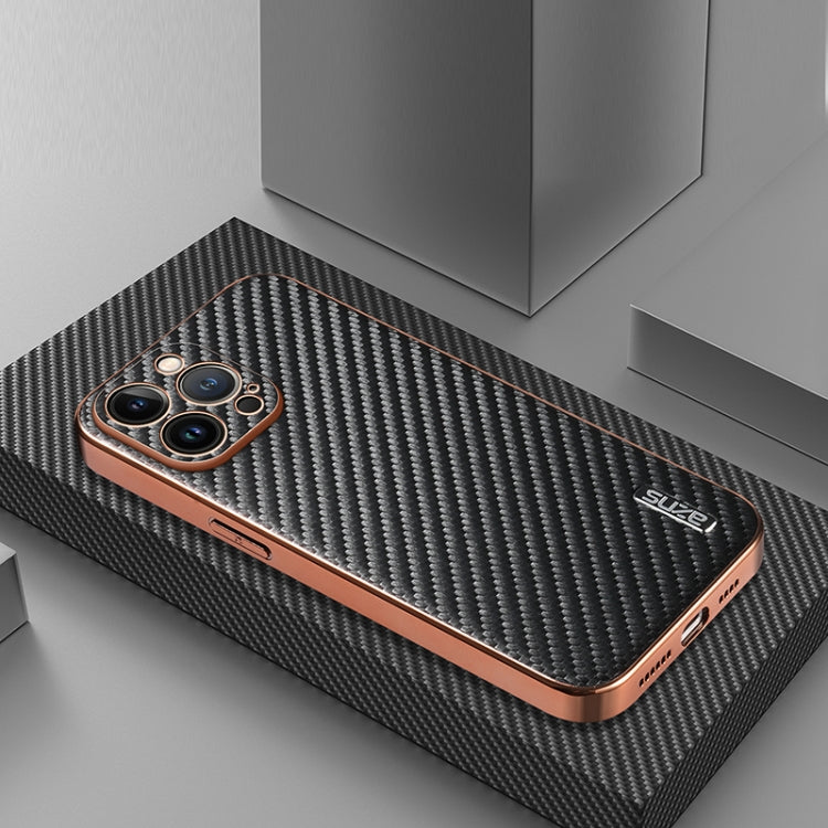 For iPhone 13 Pro Max AZNS Electroplated Edge Carbon Fiber Texture Phone Case(Black)