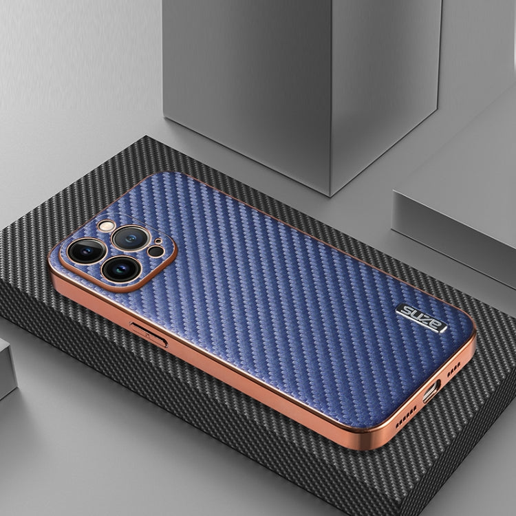 For iPhone 13 Pro Max AZNS Electroplated Edge Carbon Fiber Texture Phone Case(Blue)