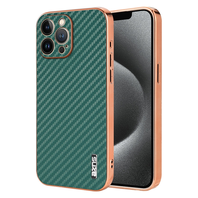 For iPhone 13 Pro Max AZNS Electroplated Edge Carbon Fiber Texture Phone Case(Green)