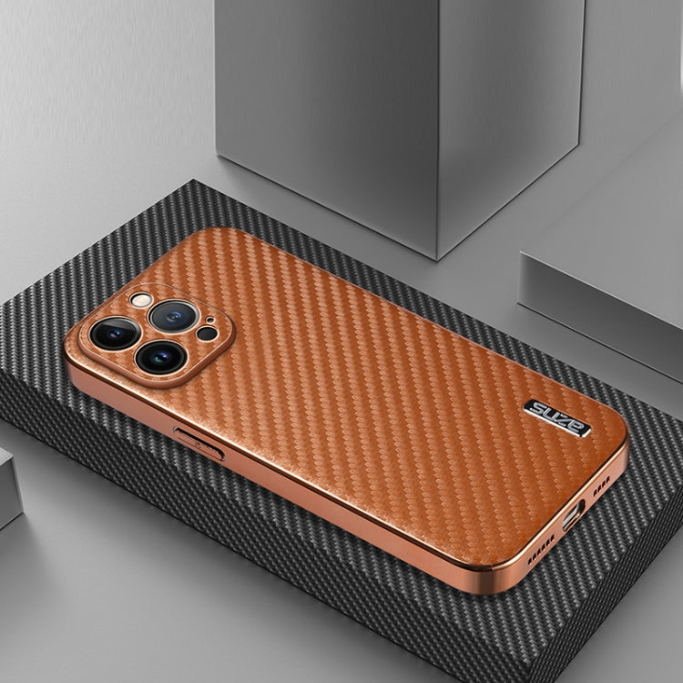 For iPhone 13 Pro AZNS Electroplated Edge Carbon Fiber Texture Phone Case(Brown)