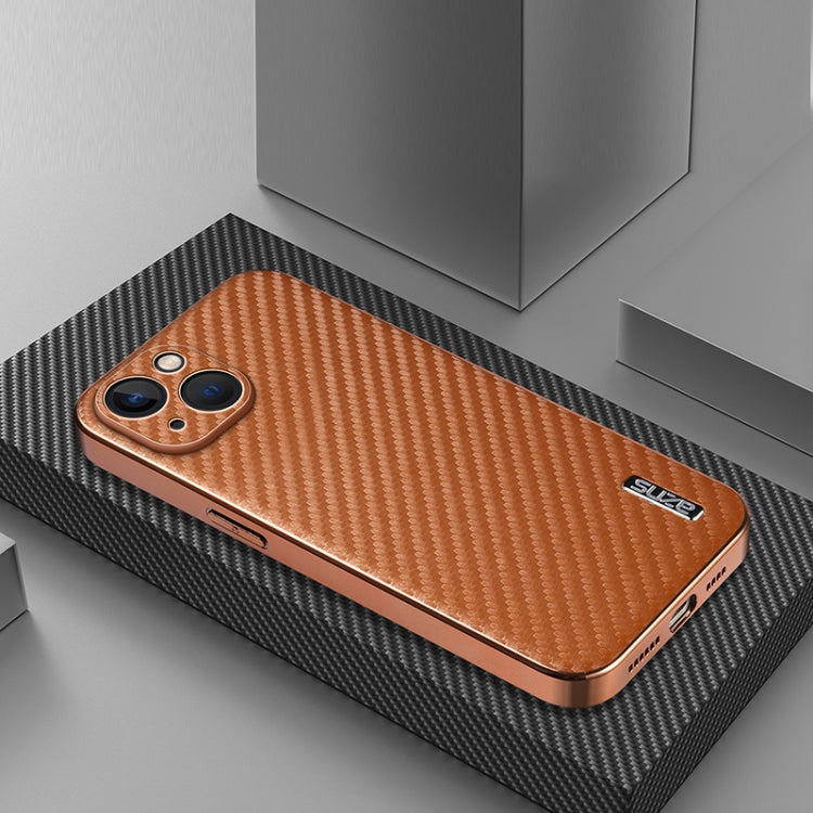 For iPhone 13 AZNS Electroplated Edge Carbon Fiber Texture Phone Case(Brown)