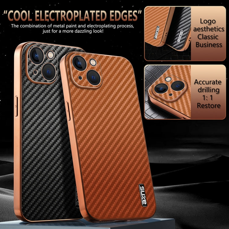 For iPhone 13 AZNS Electroplated Edge Carbon Fiber Texture Phone Case(Brown)