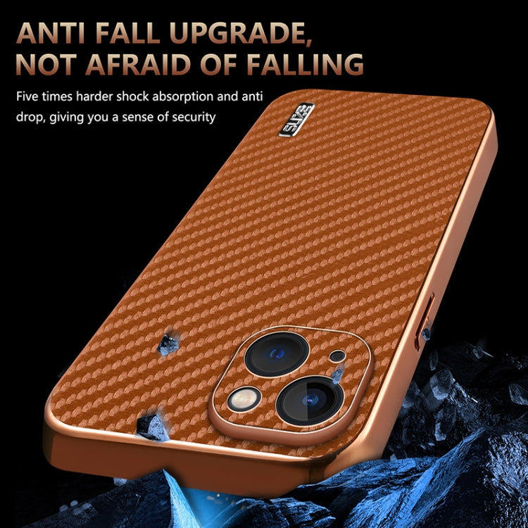For iPhone 13 AZNS Electroplated Edge Carbon Fiber Texture Phone Case(Brown)