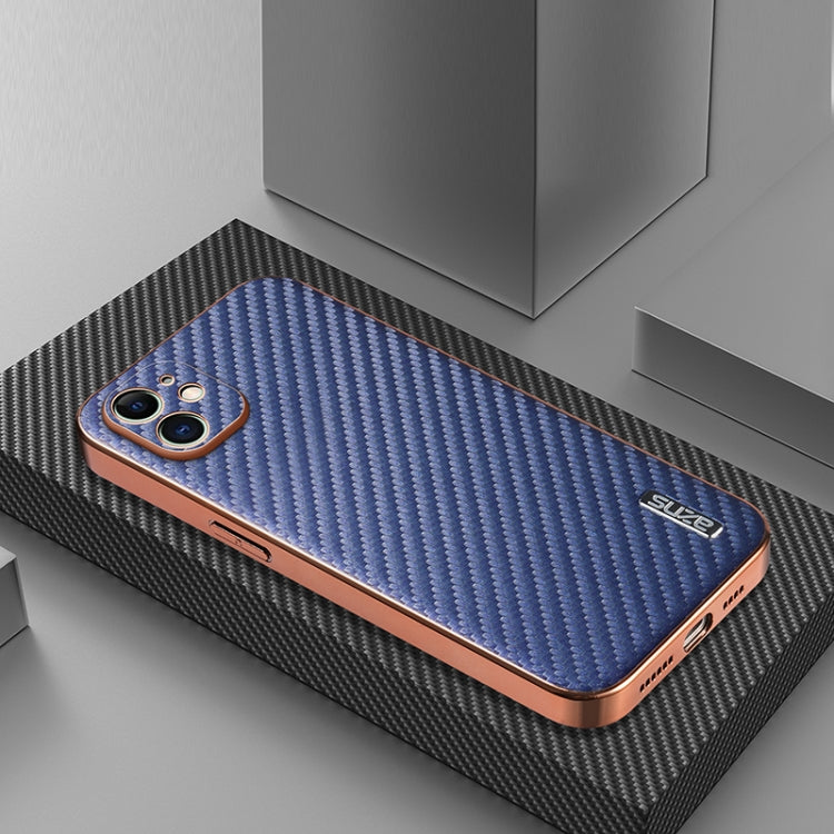 For iPhone 12 AZNS Electroplated Edge Carbon Fiber Texture Phone Case(Blue)