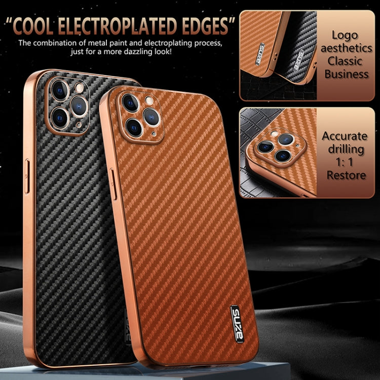 For iPhone 11 Pro AZNS Electroplated Edge Carbon Fiber Texture Phone Case(Green)
