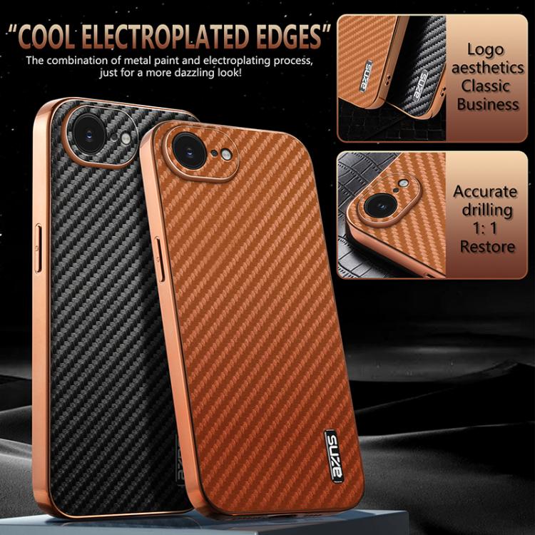 For iPhone 17e / 16e AZNS Electroplated Edge Carbon Fiber Texture Phone Case(Brown)