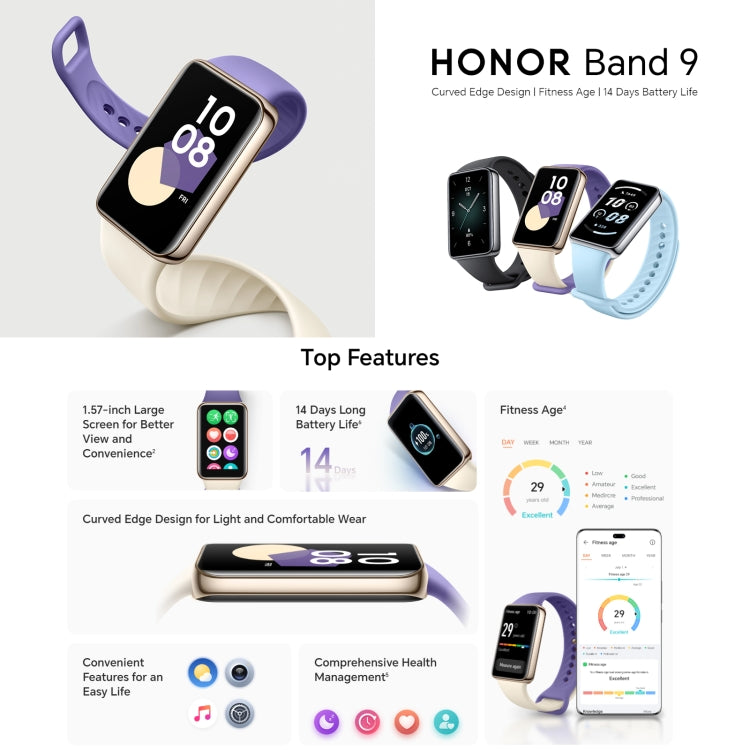 Honor Band 9, 1.57 inch AMOLED Screen, Support Heart Rate / Blood Oxygen / Sleep Monitoring, NFC Version(Purple)