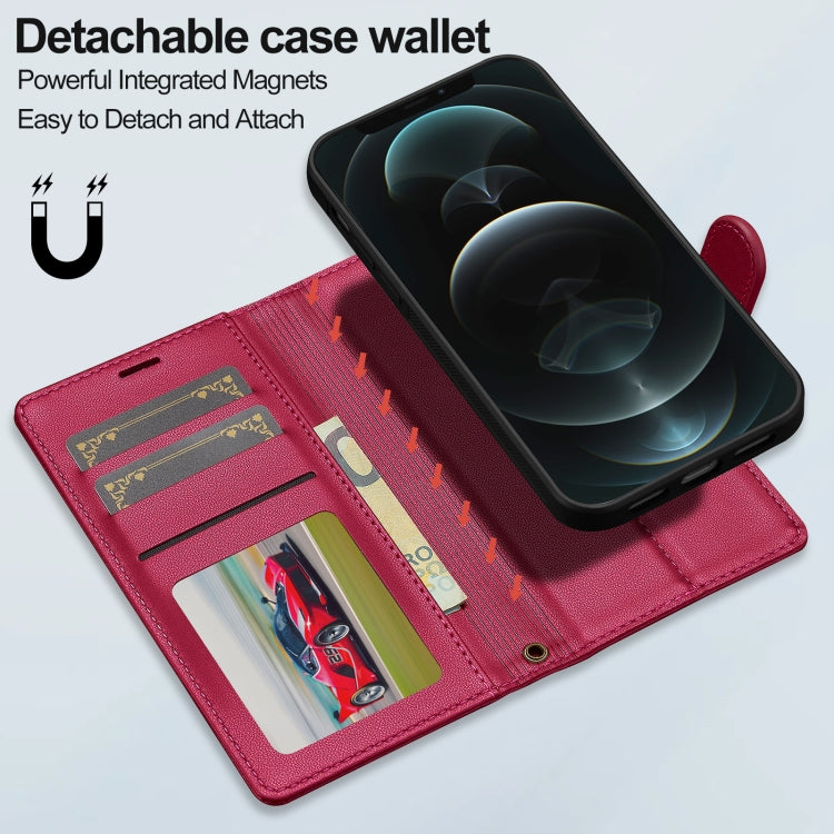 For iPhone 12 Pro Max LC.IMEEKE L2 Series Detachable Magsafe PU Phone Case with Lanyard(Red)
