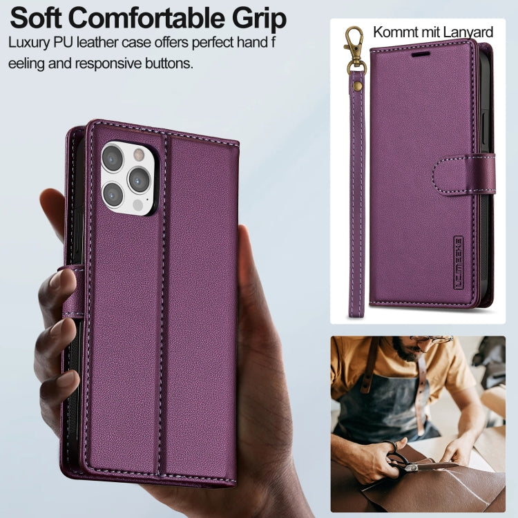 For iPhone 14 Pro Max LC.IMEEKE L2 Series Detachable Magsafe PU Phone Case with Lanyard(Purple)
