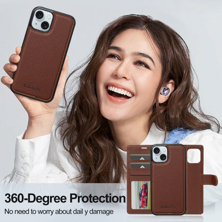 For iPhone 14 LC.IMEEKE L2 Series Detachable Magsafe PU Phone Case with Lanyard(Brown)