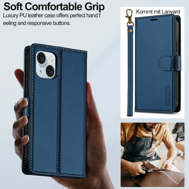For iPhone 14 LC.IMEEKE L2 Series Detachable Magsafe PU Phone Case with Lanyard(Blue)