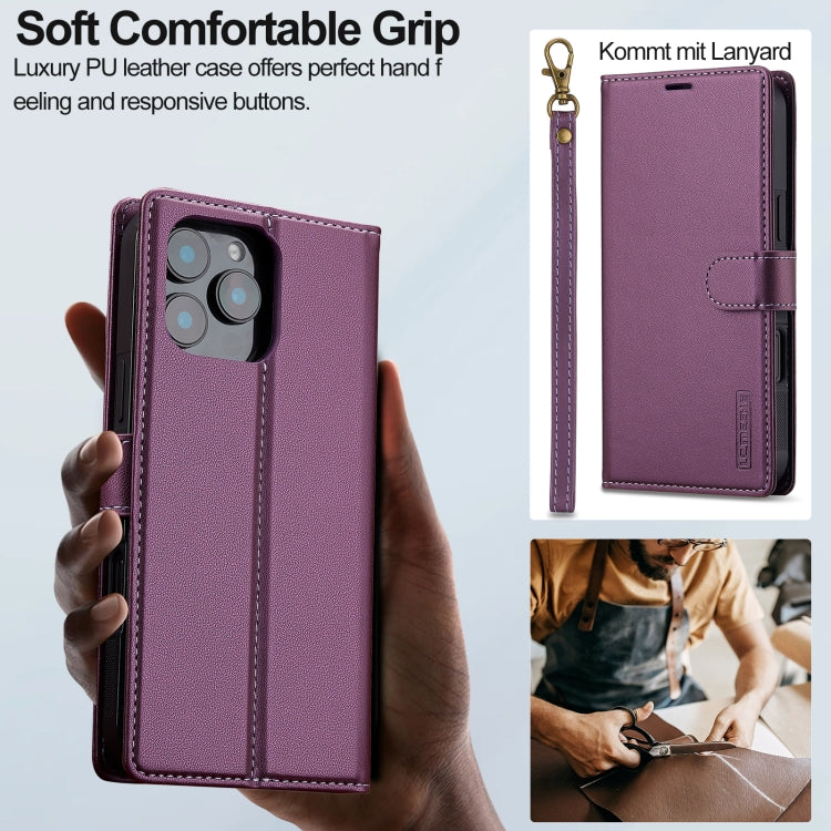 For iPhone 16 Pro LC.IMEEKE L2 Series Detachable Magsafe PU Phone Case with Lanyard(Purple)