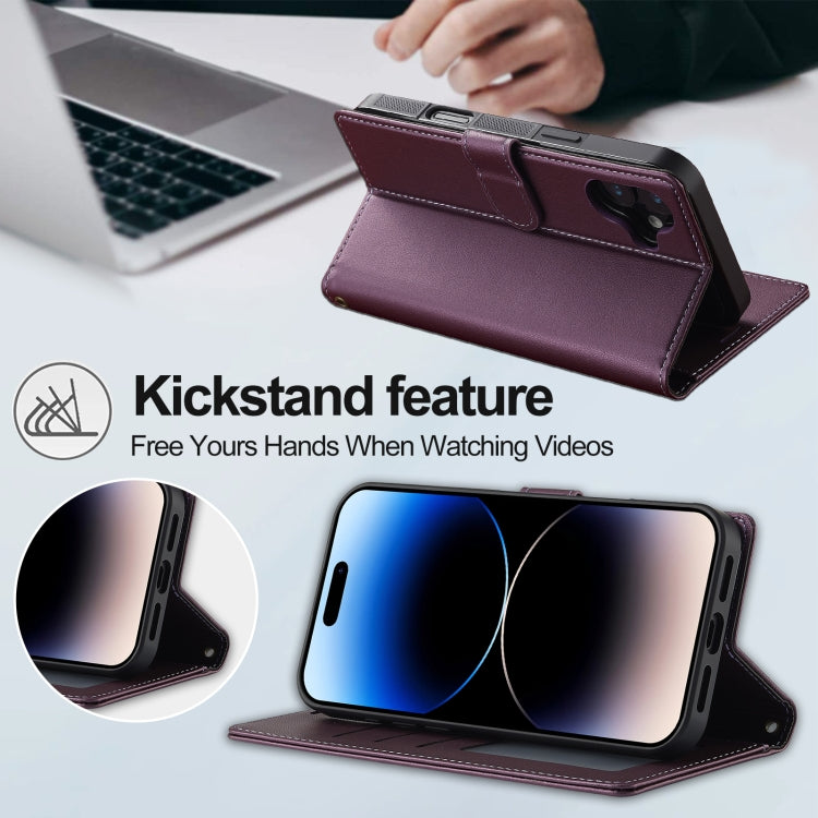 For iPhone 16 LC.IMEEKE L2 Series Detachable Magsafe PU Phone Case with Lanyard(Purple)