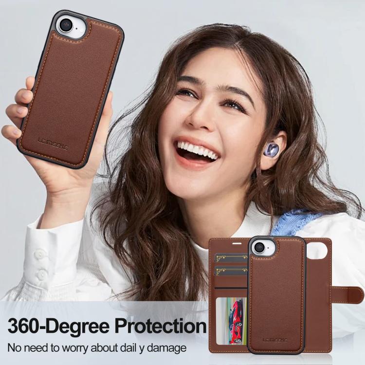 For iPhone 16e / 17e LC.IMEEKE L2 Series Detachable Magsafe PU Phone Case with Lanyard(Brown)
