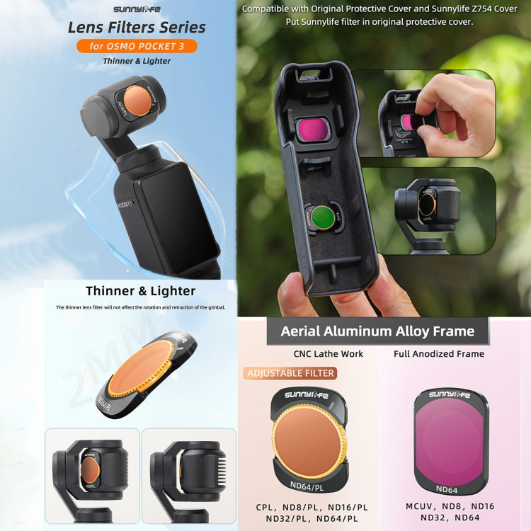 For DJI Osmo Pocket 3 Sunnylife Camera Lens Magnetic Metal Filter, No Impact On Gimbal Reset, Filter:ND8PL