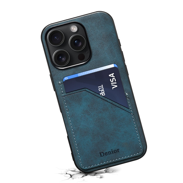 For iPhone 16 Pro Max Denior D09 PU Dual Card Slot Back Cover Phone Case(Blue)