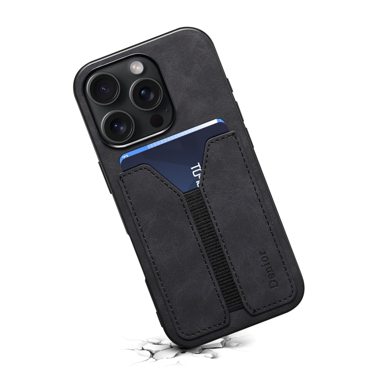 For iPhone 16 Plus Denior D07 DV Elastic Card Slot PU Back Cover Phone Case(Black)