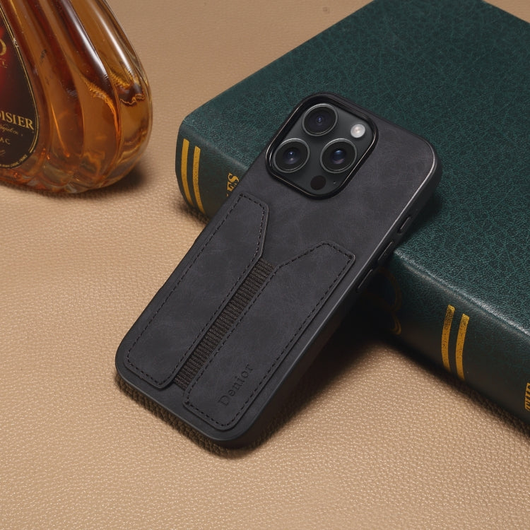 For iPhone 16 Pro Denior D07 DV Elastic Card Slot PU Back Cover Phone Case(Black)